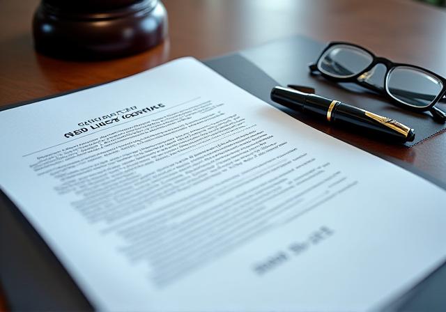 A professional desk with a legal contract and a fountain pen