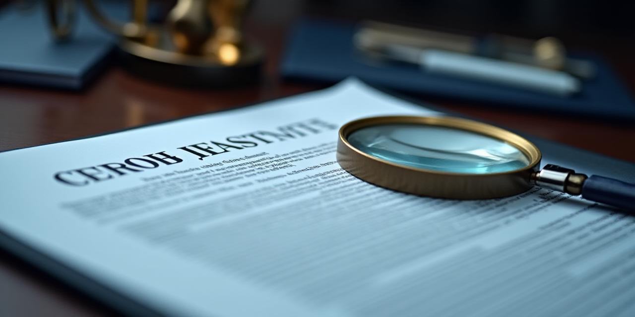 Close up of a legal document with a magnifying glass