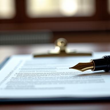 Close up of a legal document and a fountain pen on a mahogany desk